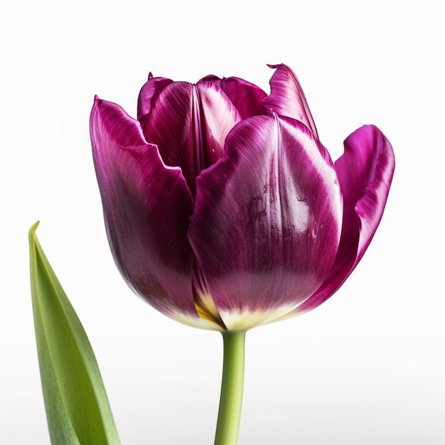 A purple tulip with a green stem and a green leaf.