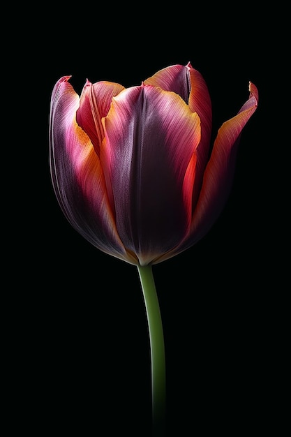 A purple tulip with a green stem and a red flower.