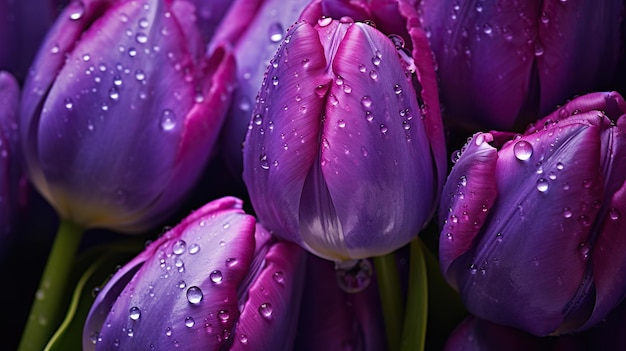 Purple Tulips flowers with water drops background Closeup of blossom with droplets Generative AI