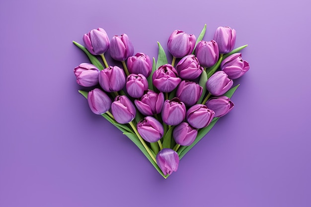 Purple tulips in a heart shape on a purple background