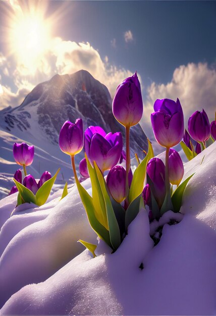 Purple tulips in the snow with a mountain in the background