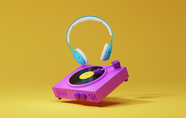 紫のターンテーブルと黄色の背景の青いワイヤレスヘッドフォン