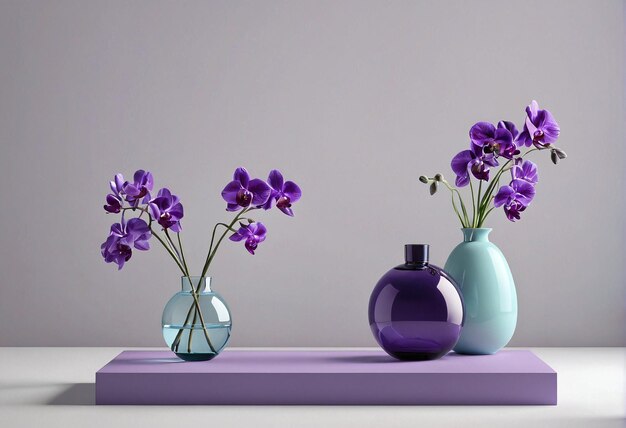 a purple vase and two blue vases on a purple shelf