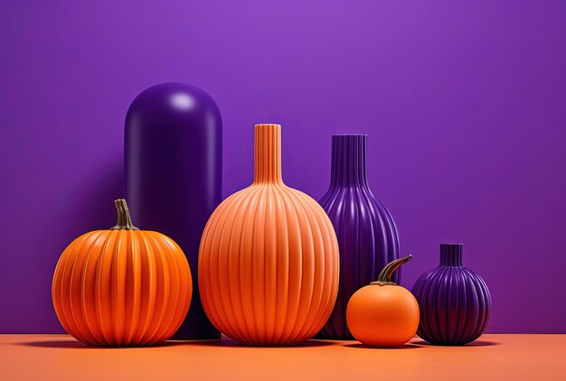 Purple and vases with pumpkins on top of them arranged vertically a background