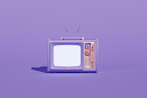 Purple Vintage Television cartoon style isolate on pastel background. 3d render