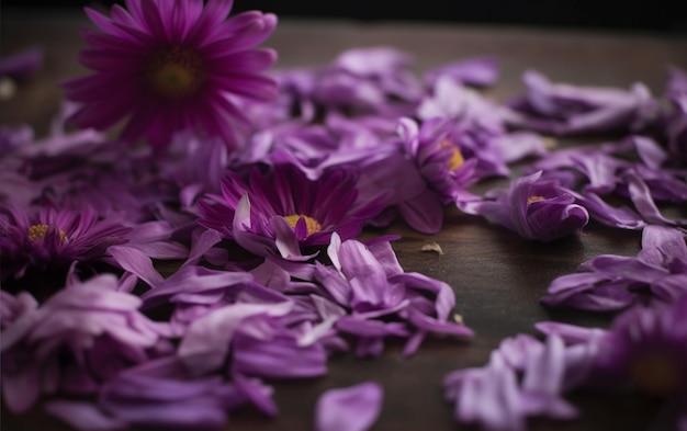 Purple or violet chrysanthemum lavender flowers on a wooden table