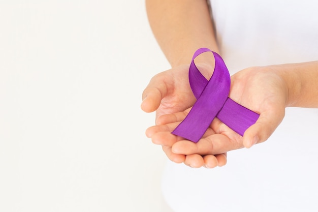 Purple or violet ribbon. Pancreatic Cancer ,Testicular Cancer, Cancer Survivor, Leiomyosarcoma.