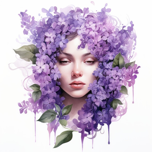 Purple violet watercolour portrait of pretty woman with lilac flower in her hair