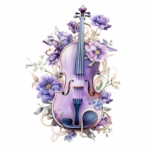 Photo a purple violin with a floral pattern and a bow.