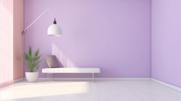 Purple wall in a living room with a lamp and a plant