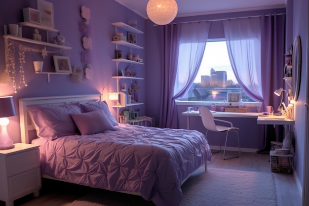 침실 AI 생성기의 보라색 벽과 보라색 액센트