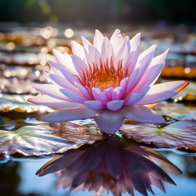 purple water lily floating on a pond in the style of light orange and light blue