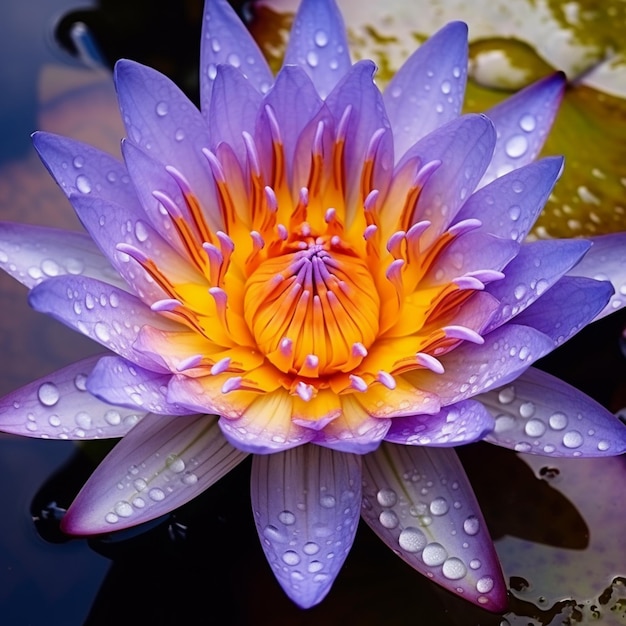 Purple water lily floating on a pond in the style of light orange and light blue