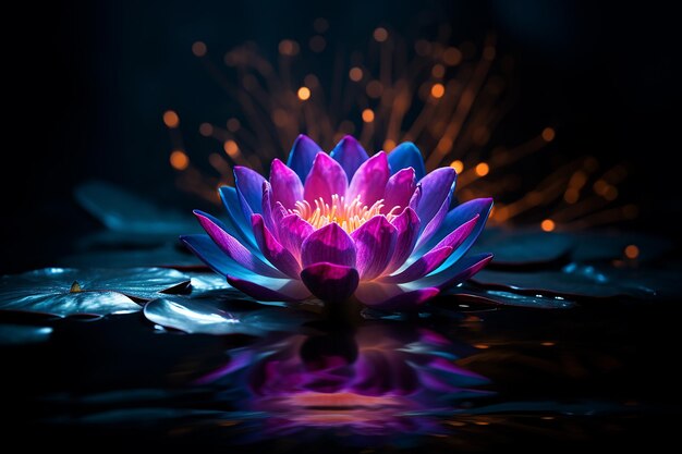 purple water lily with lights in the background