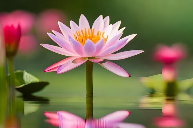 Purple water lily with pink petals and purple petals with the reflection of the leaves and the text