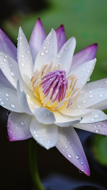 a purple water lily with water drops on it