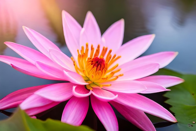 a purple water lily with yellow center and red center.