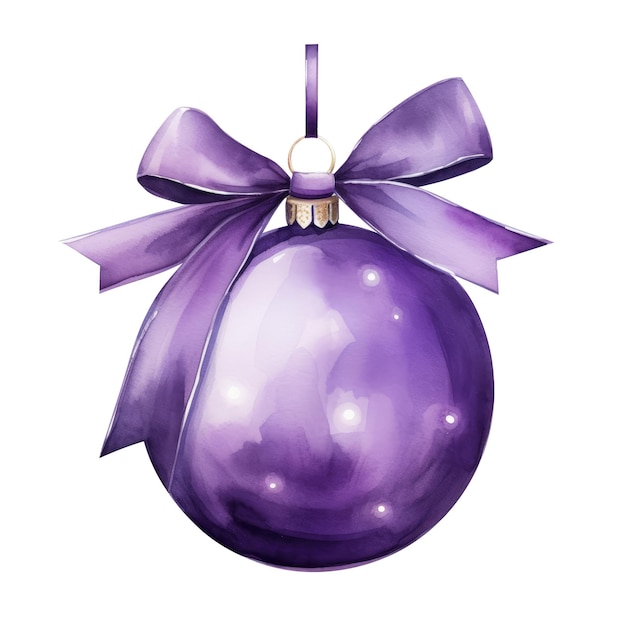 фиолетовый акварельный рождественский шар с лентой и луком, изолированным на фоне