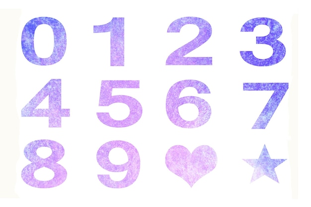 사진 보라색 수채화 그림 숫자 기호 숫자 세트