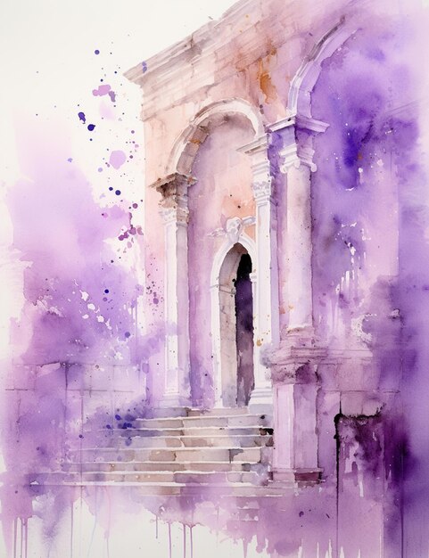 Purple watercolor painting of a building with a doorway and steps generative ai
