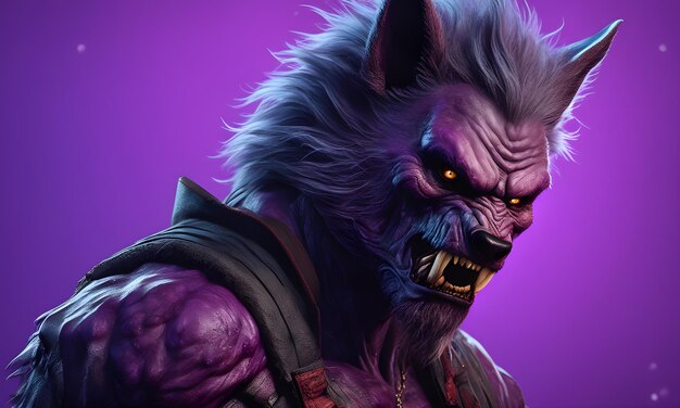 Purple werewolf portrait background image digital render banner website horror poster halloween card template artwork for wallpaper decorations or your print on demand business generated by ai