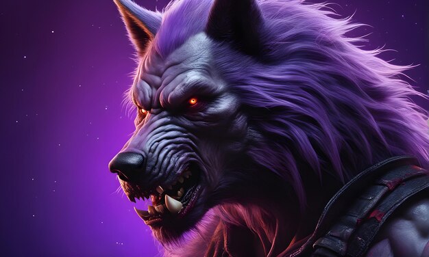 Purple werewolf portrait background image digital render banner website horror poster halloween card template artwork for wallpaper decorations or your print on demand business generated by ai