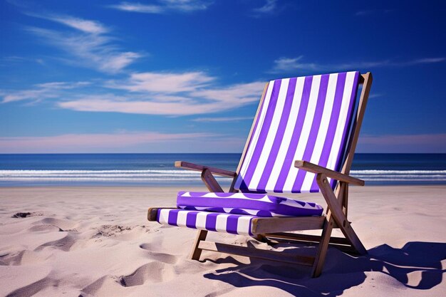 a purple and white beach chair on the beach with the ocean in the background.