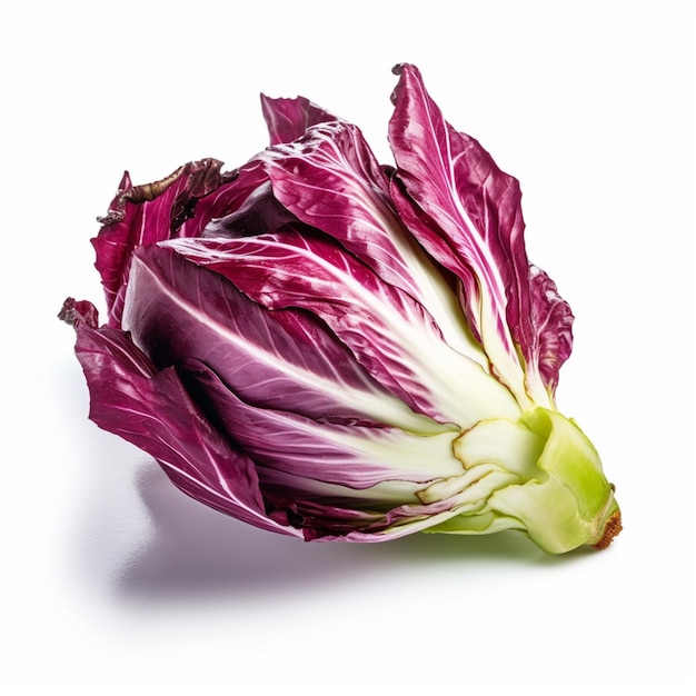 A purple and white cabbage is laying on a white background.