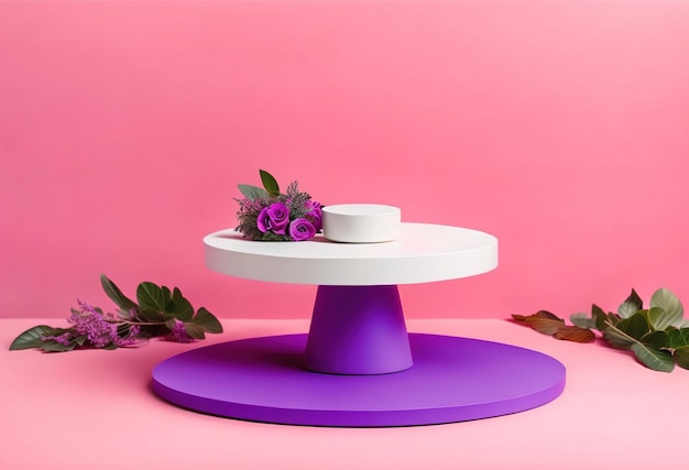 A purple and white cake stand with a white plate on it.