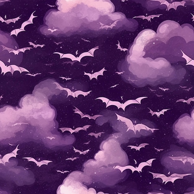 Purple and white clouds with bats flying in the sky generative ai