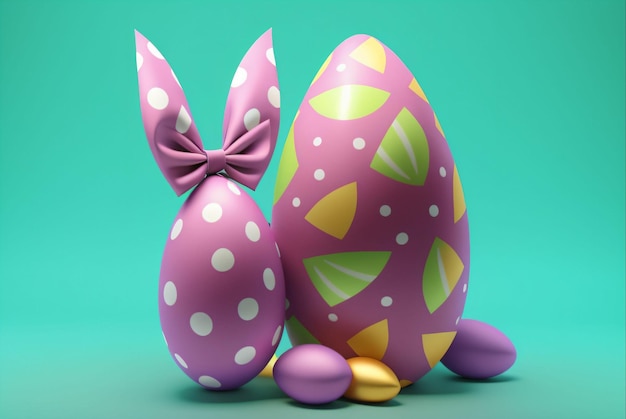 A purple and white easter egg with a bow and bunny ears.