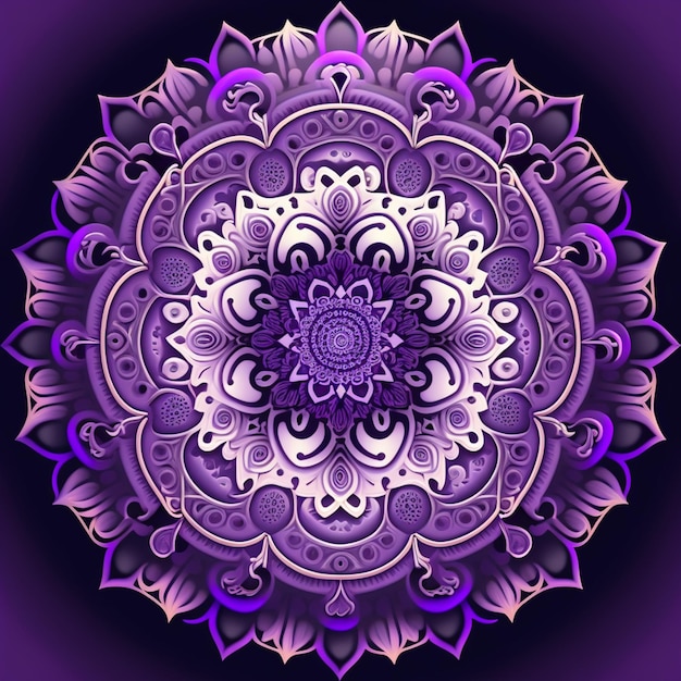 Purple and white flower mandal on a black background generative ai