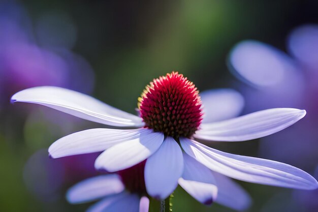 a purple and white flower with a red center.