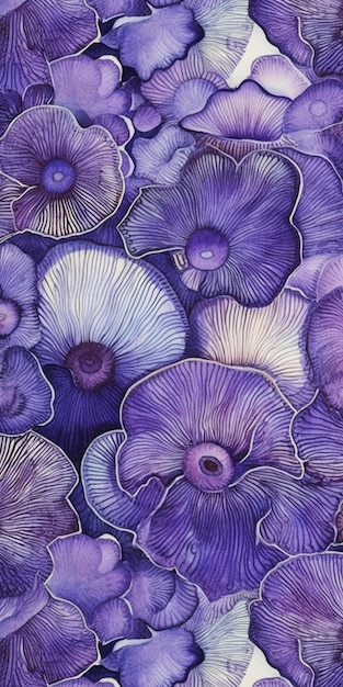 Purple and white flowers are arranged in a pattern on a purple background generative ai