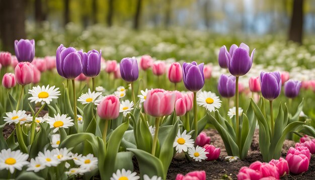 紫と白の花が紫と白な花の畑で育つ