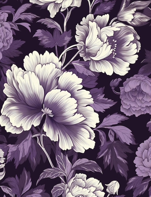 Purple and white flowers on a black background with leaves generative ai