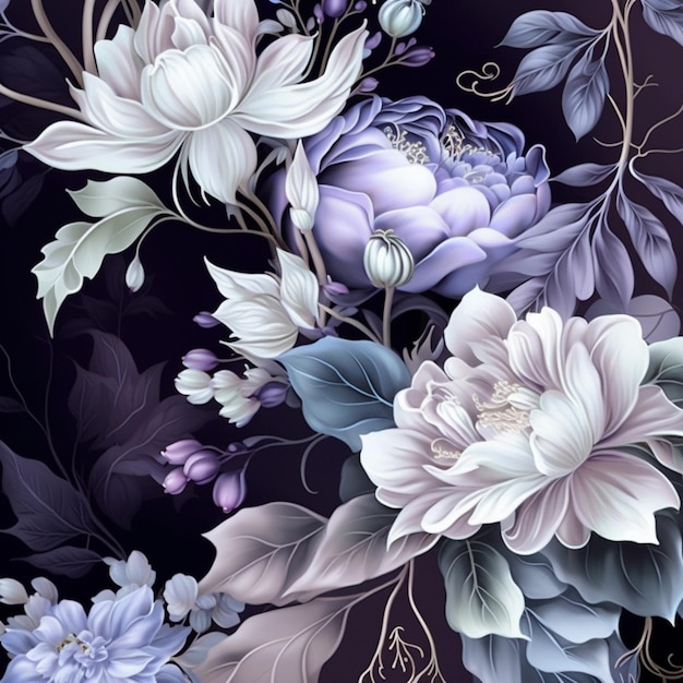 purple and white flowers on a black background with leaves generative ai