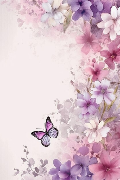 purple and white flowers and a butterfly on a pink background generative ai