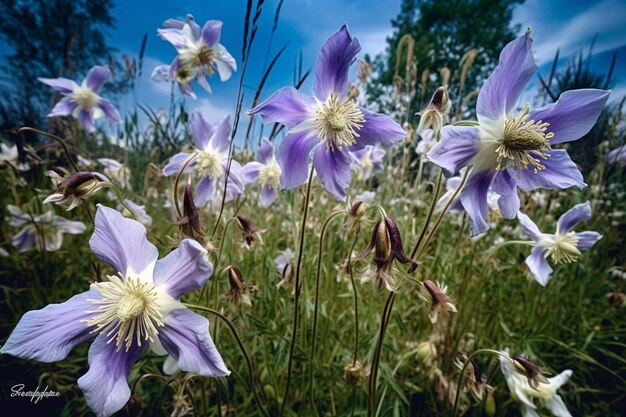 Purple and white flowers in a field with the sky in the background