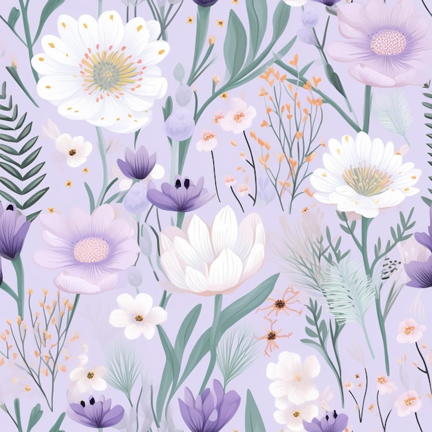 purple and white flowers and leaves on a purple background generative ai