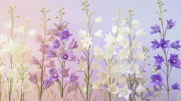 Purple and white flowers on a pastel background The flowers are in focus and the background is blurred The image has a soft and dreamy look