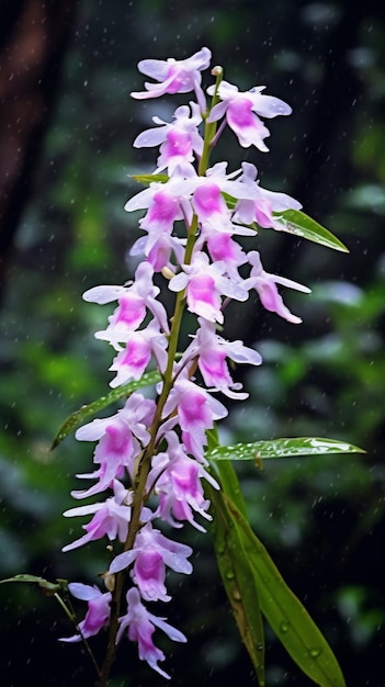 purple and white flowers in the rain on a tree branch generative ai