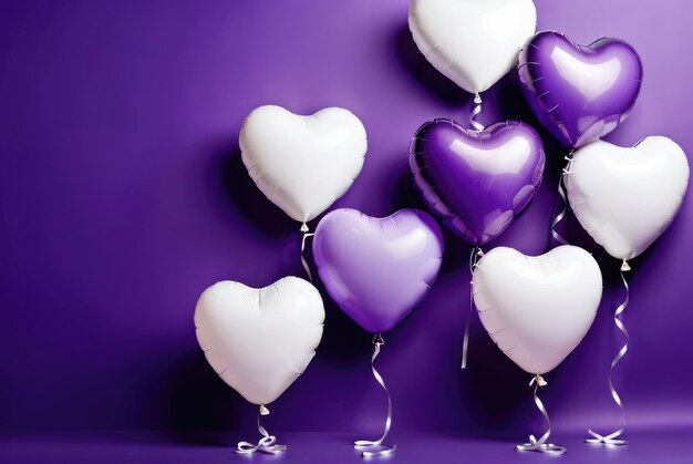 Purple and white heartshaped balloons