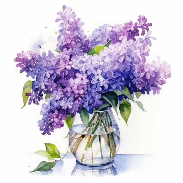 Purple and white lila flowers in a glass vase on a table generative ai