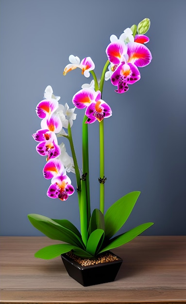 A purple and white orchid with a green stem and leaves.