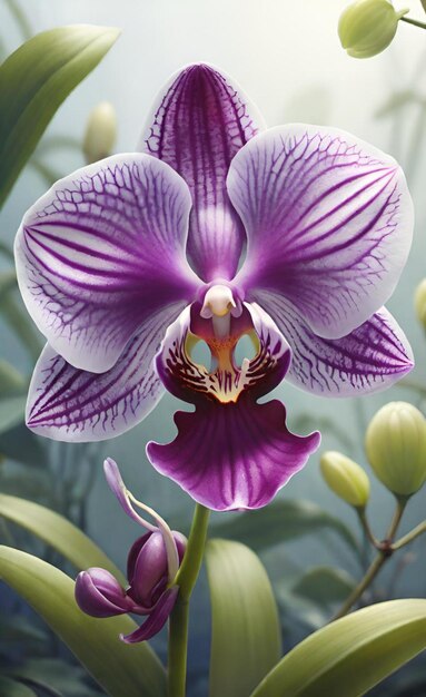 a purple and white orchid with the name quot on it