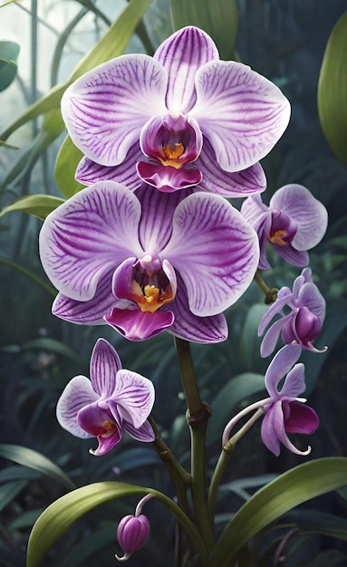 a purple and white orchid with the word orchid on it