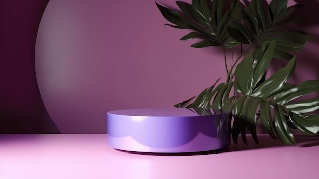 A purple and white round object sits on a pink surface next to a plant.