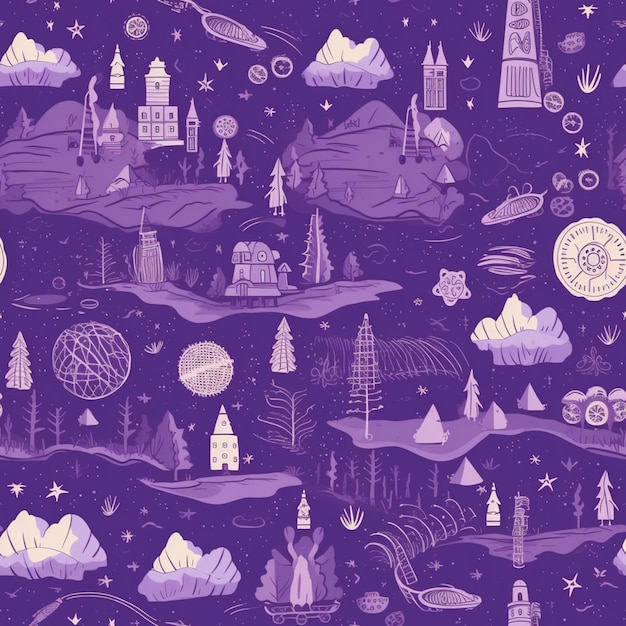 Purple and white seamless pattern of a city with a lighthouse generative ai