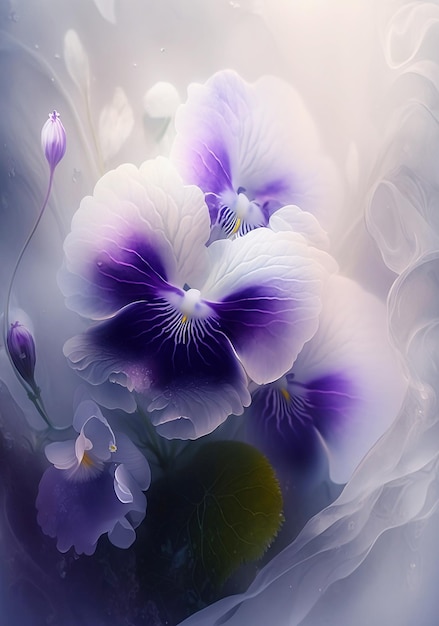 Purple and white violet flowers in soft fog close up